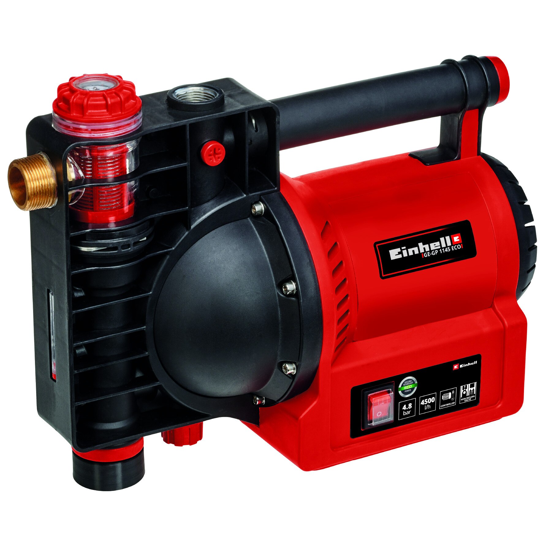 Pompa de suprafata pentru apa curata Einhell GE-GP 1145 ECO, 1100 W, 4500 l/h debit maxim, 4.8 bar presiune maxima, 35°C temperatura maxima, aspiratie 8 m, inaltime maxima 48 m